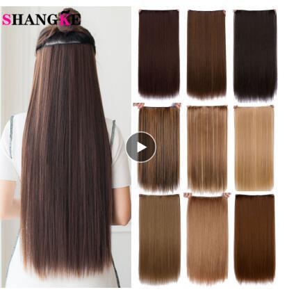 24'' Long Straight Women 5 Clip in Hair Extensions Black Brown High Tempreture Synthetic Hair Piece Pure Color Ombre color