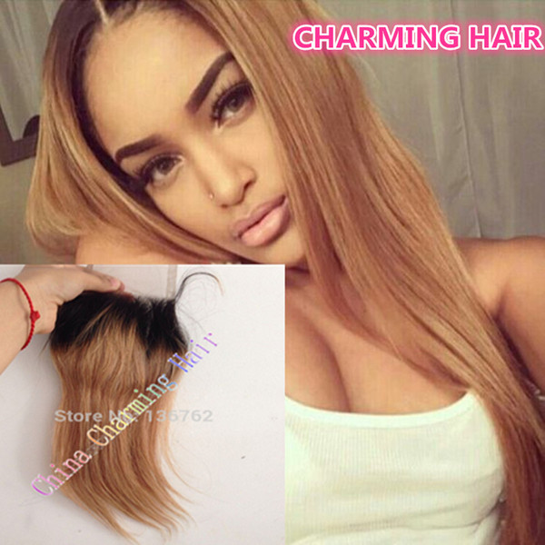 8A Dark Roots Ombre 1b/27 Honey Blonde Hair Lace Closure Straight 4