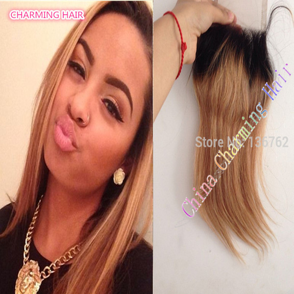 7A Ombre Blonde Lace Closure 4*4 Straight Closure Dark Root Color 1b#27 Brazilian Virgin Hair Closure Free Part 