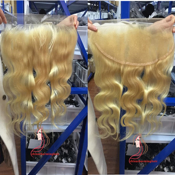 613 Full Blonde Brazilian Remy Human Hair Lace Frontal Closure Free Part Body Wave 13x4 Bleached Knots Baby Hair