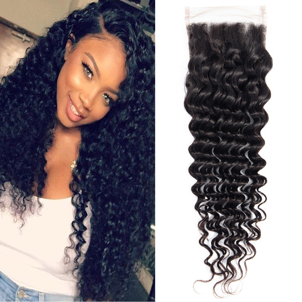 Dressmaker Free Part Deep Wave Lace Closure 100% Malaysian Virgin Hair Deep Curly 4x4 Lace Closure Natural Color