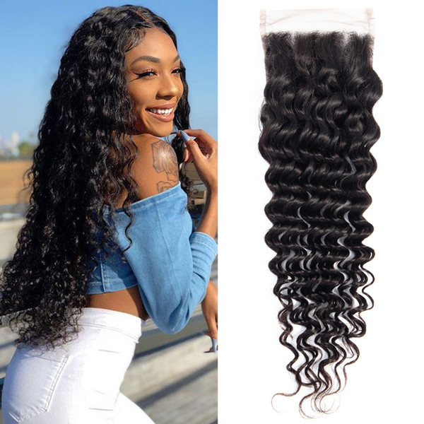 Dressmaker Peruvian Deep Curly Lace Closure 5 Pieces 4x4 100% Human Hair Deep Closure Free Part 130% Density Natural Color Closure