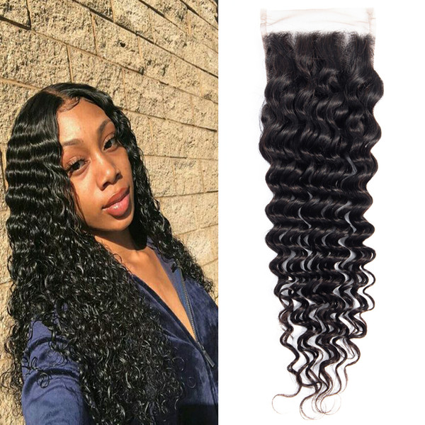 Dressmaker Brazilian Deep Wave Lace Closure Free Part Non-Remy Human Hair Weave 4x4 Deep Curly Swiss Lace 8-18 Inch 5 Pieces