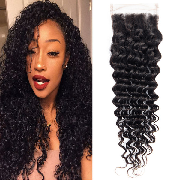 Dressmaker Hair Brazilian Deep Wave Closure 130% Density 3 Pcs 4x4 100% Human Hair Deep Curly Lace Closure Free Part Non Remy