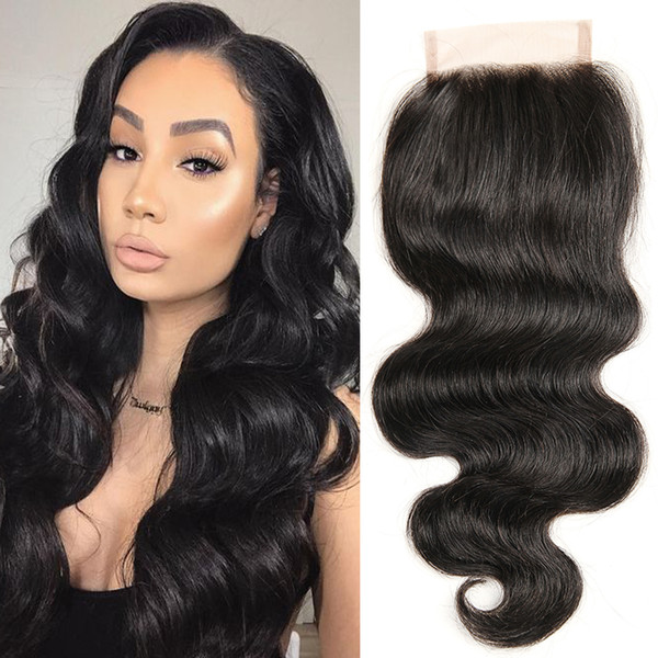 Dressmaker Peruvian Hair One Piece Closure 4x4 Body Wave Peruvian Virgin Hair Closures with Baby Hair Free Part Natural Color