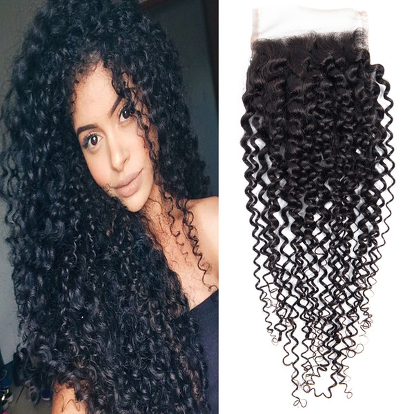 Dressmaker 5 Pcs Indian Kinky Curly Non-Remy Hair 100% Human Hair 4x4 Free Part Swiss Lace Closure Medium Brown Lace Closure