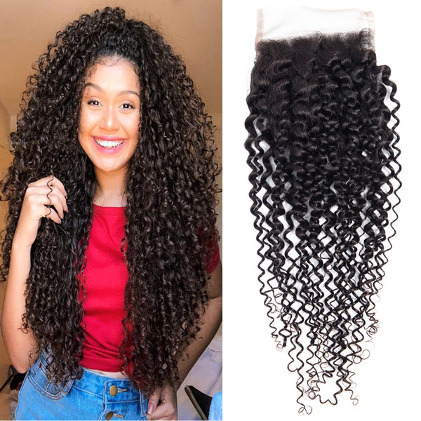 Dressmaker Peruvian Kinky Curly Closure 4X4 Free Part Lace Closure With Baby Hair 100% Human Hair Extensions Natrual Black