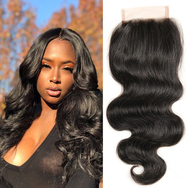 Dressmaker Free Part 4x4 Body Wave Lace Closure 100% Unprocessed Brazilian Virgin Human Hair with Baby Hair Natural Black 5 Pieces