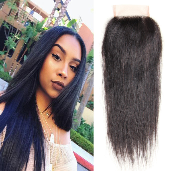 Dressmaker 3pcs Peruvian Straight Human Hair 4x4 Lace Closure 130% Density Natural Black Free Part Lace Closure with Baby Hair