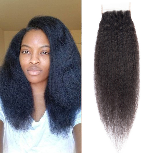 Dressmaker Peruvian Virgin Human Hair Lace Closure 4x4 Kinky Straight Lace Closure with Baby Hair Natural Color Free Part