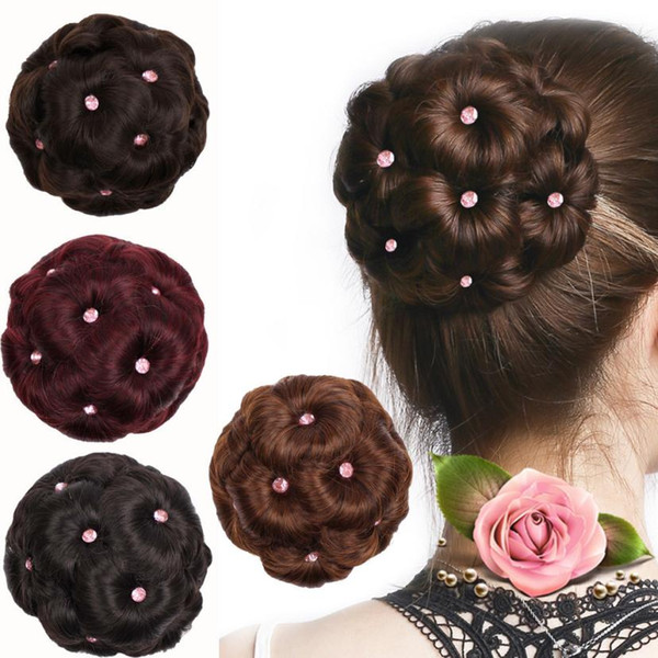 Fresh ! Royal Noble Women Diamond Bun Chignon Makeup Flowers Hair Bun Pins Donut Updo Clip In Hairpiece Hair Extensions 13CM*13CM