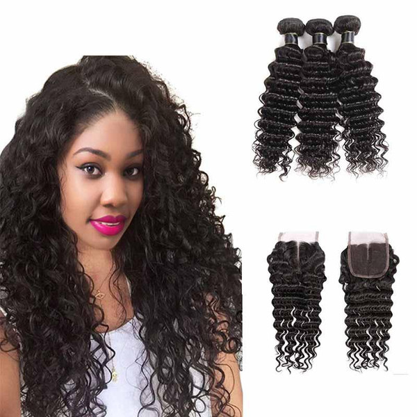 8A Brazilian virgin hair 4 Bundles with Lace Closure Deep Wave Unprocessed Human Hair With Lace Closure Brazilian Peruvian Hair Extensions