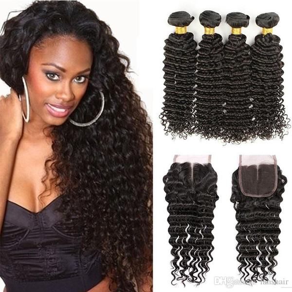 8A Brazilian virgin hair 4 Bundles with Lace Closure Deep Wave Unprocessed Human Hair With Lace Closure Brazilian Peruvian Hair Extensions