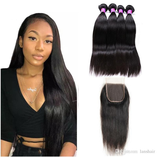 Malaysian Human Hair Straight bundles With Lace Closure Peruvian Brazilian Virgin Human Hair Weaving With 4x4 Closure Cheap Hair Extensions