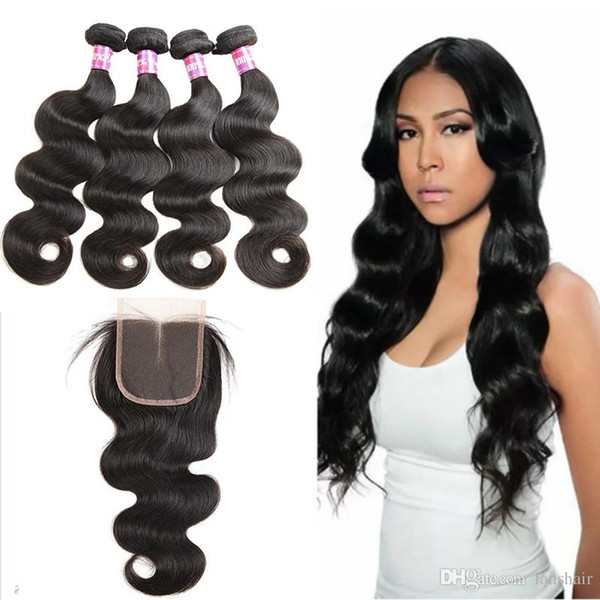 Brazilian Virgin Hair Body Wave 4 Bundles With Lace Closure Human Hair Natural Black Unprocessed Human Hair Extensions With 4x4 Closure