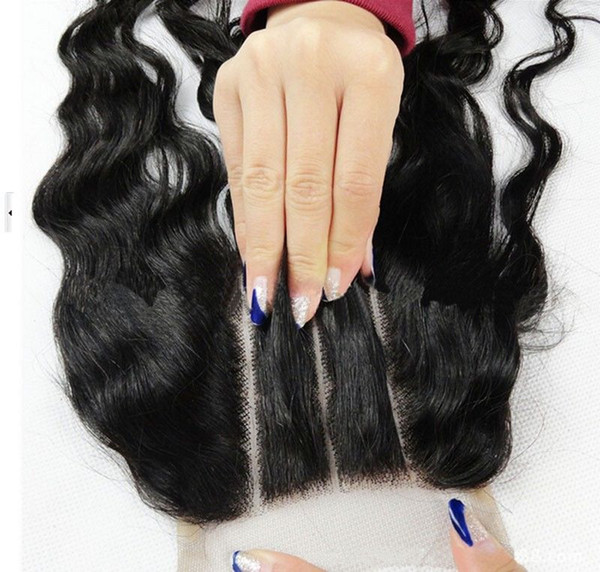 Free Shipping 3 Part Closure Body Wave Black three wavy part Lace Closure 4x 4 Peruvian Virgin Hair Top Front Swiss Lace Closure