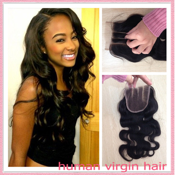 Human Hair Brazilian Virgin Hair Lace Closure body wave 4x4 3 Way Part Bleached Knots Body Wave Top Closure Hair