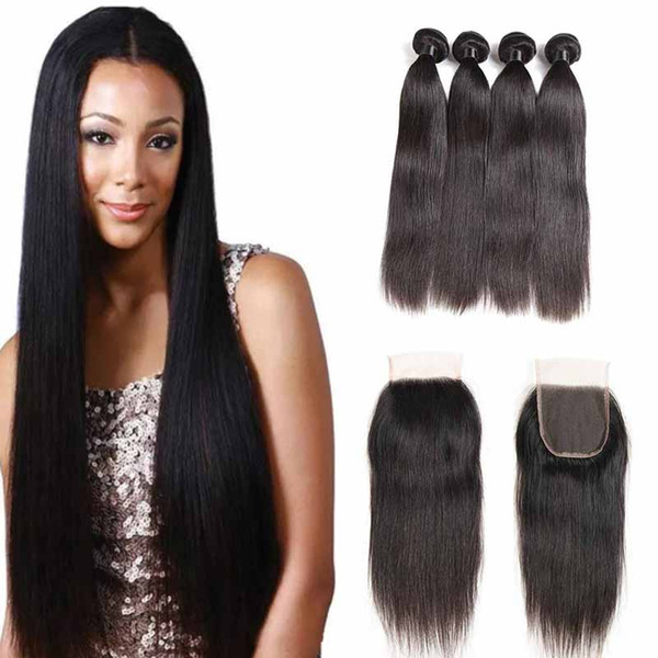 7A Malaysian Straight Virgin Hair 4 bundles With Lace Closure Brazilian Virgin Human Hair Weaves With 4x4 Closure Cheap Hair Extensions