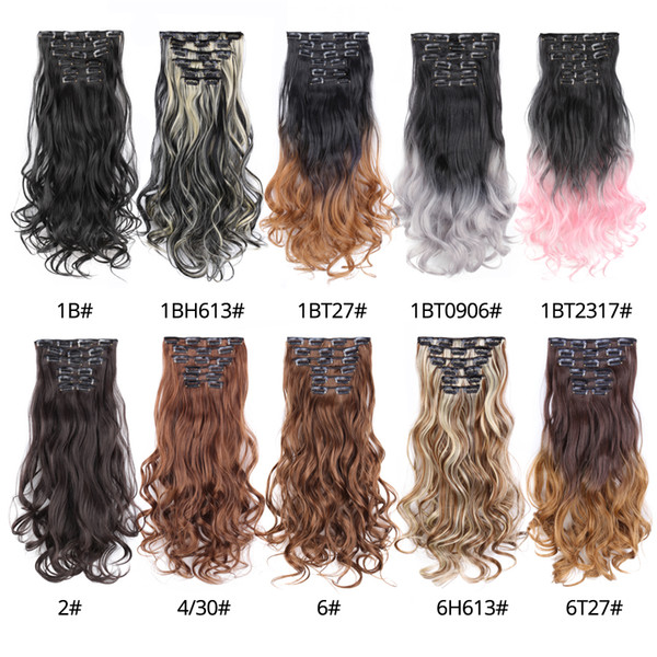 Hair 22inch 16clips Hairpiece Body Wave Synthetic High Temperature Fiber Black Brown Ombre Clip In Hair Extensions