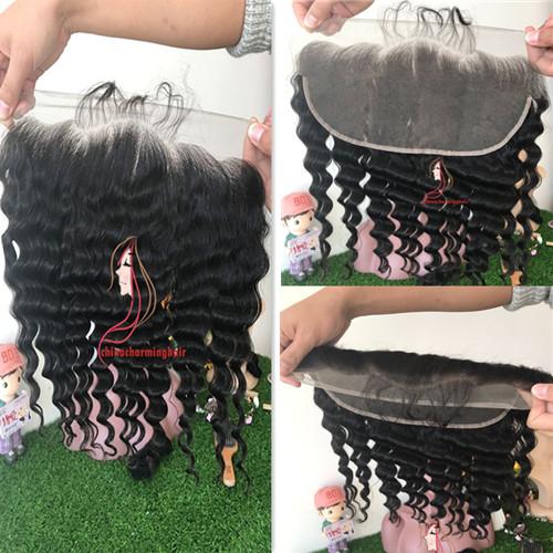 Lace Frontal Closure 8A Malaysian Indian Peruvian Cambodian Brazilian Human Hair Deep Wave Closures Bleached Knots Ear To Ear 13x6 inch