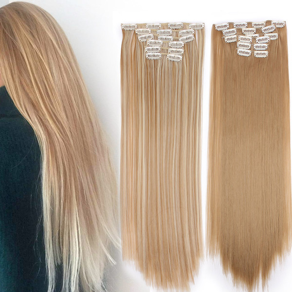 Long Straight Synthetic Hair Extensions Clips In High Temperature Fiber Black Blonde Hairpiece