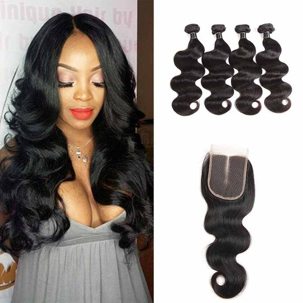 7A Brazilian Virgin Hair Body Wave 4 Bundles With Lace Closure Human Hair Natural Black Unprocessed Human Hair Extensions With 4x4 Closure