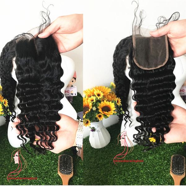 100 Virgin Peruvian Top Closures Human Hair 4X4 Brazilian Remy Deep Wave Lace Closures Hair Pieces 1B Middle Part 130% 10