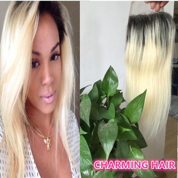 8A Two Tone Straight Lace Closure Brazilian Hair 1b/613 Ombre Closure Blonde Dark Roots Lace Closure Bleached Knots