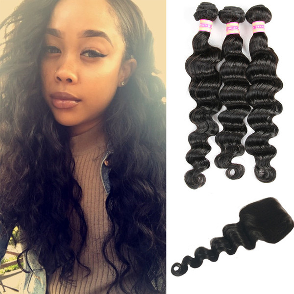 Peruvian Loose Wave Virgin Human Hair Bundles With Closure Peruvian Virgin Hair Loose Deep Wave Human Hair Weave