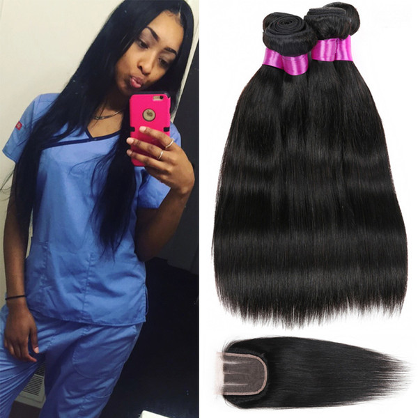 Brazilian Straight Hair 3 4 Bundles with Closure Peruvian Indian Malaysian Brazilian Virgin Human Hair Weave Lace Closure