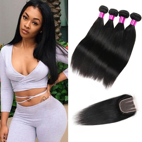 Brazilian Straight Virgin Hair With Closure Bundles With Closure Malaysian Indian Peruvian Human Straight Hair Weaves