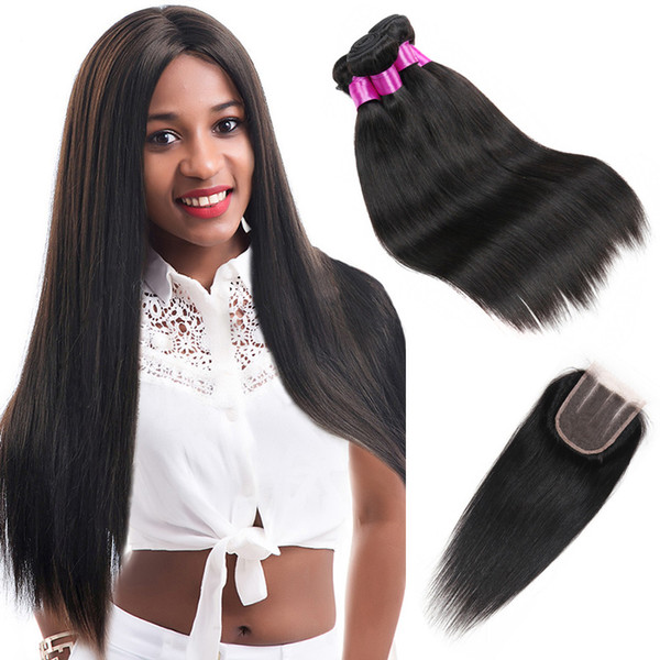 Unprocessed Peruvian Hair Bundles With Closure Virgin Brazilian Straight Human Hair Weaves Lace Closure Malaysian Hair Extensions