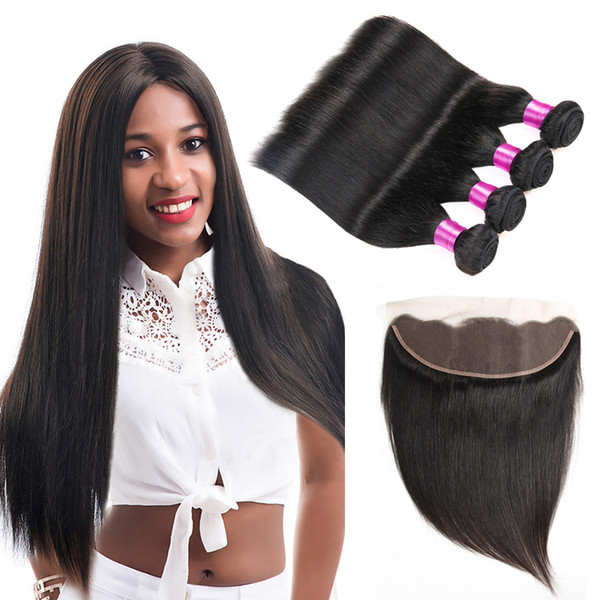 13*4 Frontal And Bundles Malaysian Indian Brazilian Peruvian Virgin Straight Hair Lace Frontal With Bundles Human Hair Bundles With Frontal