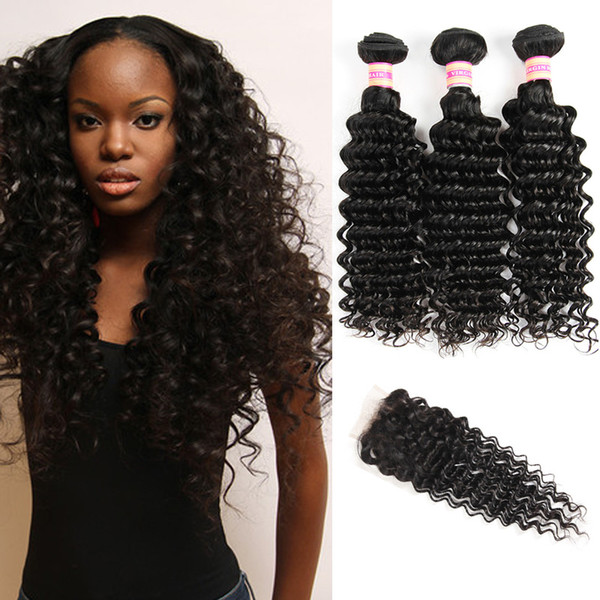 Brazilian Virgin Hair Deep Wave Bundles With Closure Deep Wave Curly Hair Weaves Unprocessed Human Hair With Closure