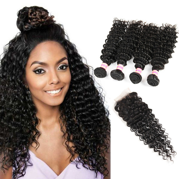 Deep Wave Indian Virgin Hair 3 4 Bundles And Closure Deep Wave Curly Hair Weaves Human Hair With Closure