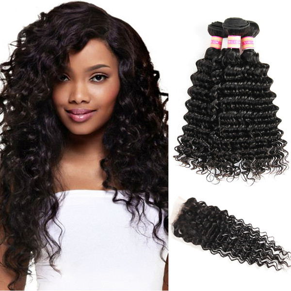 Unprocessed Deep Wave Malaysian Virgin Hair 3 4 Bundles With Closure Deep Wave Curly Hair Weaves Human Hair Lace Closure