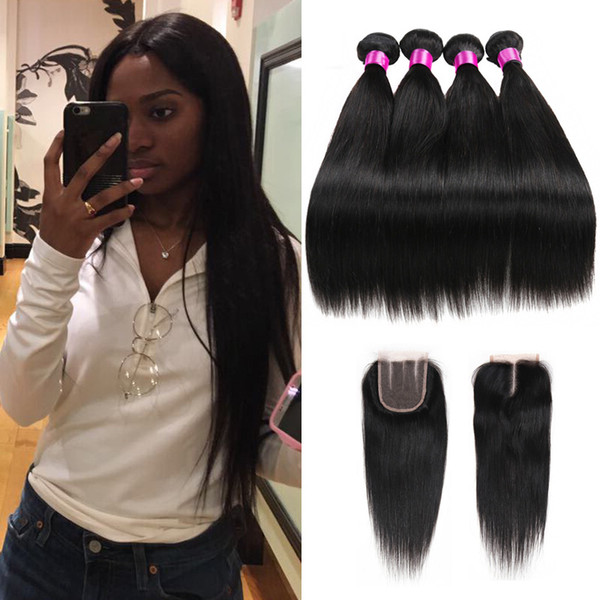 Straight Peruvian Hair With Closure 3 4 Bundles With Closure Grade 8A Virgin Hair Extensions Unprocessed Human Hair Lace Closure