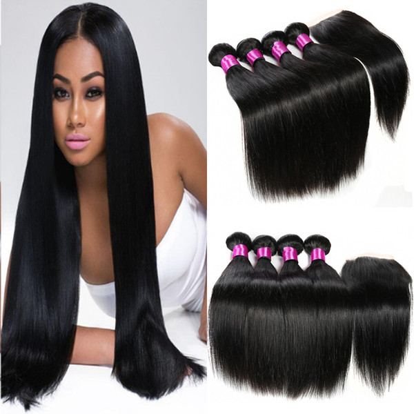 4*4 lace closure with bundles unprocessed human hair extensions Indian Malaysian Peruvian Brazilian virgin straight hair with closure