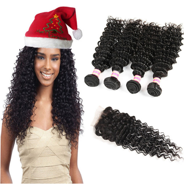 Malaysian Hair Bundles Deep Wave Human Hair Lace Closure Unprocessed Deep Wave Curly Hair Weaves 3 4 Bundles With Closure