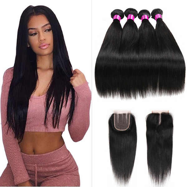 Straight Peruvian Hair With Closure 3 4 Bundles With Closure Virgin Hair Extensions Unprocessed Human Hair Lace Closure