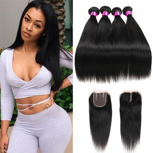 Brazilian Virgin Straight Hair With Closure 3 4 Bundles With Closure Hair Extensions Unprocessed Human Hair Lace Closure