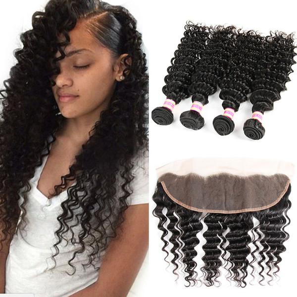 Malaysian Peruvian Indian Brazilian Virgin Hair Lace Frontal With Bundles Deep Wave Bundles With 13x4 Closure Human Hair Extensions