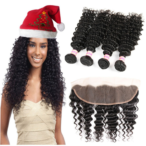 Malaysian Peruvian Indian Brazilian Virgin Hair Frontal With Bundles Deep Wave 13x4 Lace Frontal Closures Human Hair Extensions