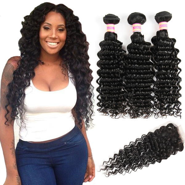 Peruvian Virgin Hair Deep Wave Bundles With Closure Deep Wave Curly Hair Weaves Human Hair Bundle With Lace Closure