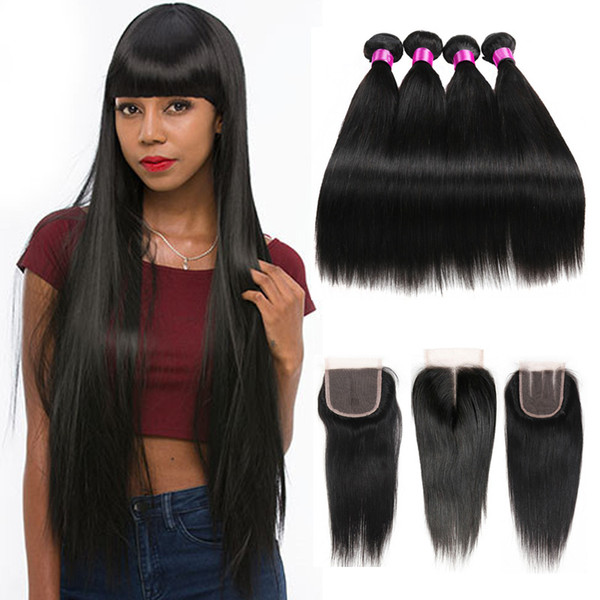 Peruvian Indian Malaysian Brazilian Virgin Straight Hair With Closure 3 4 Bundles With Closure 9A Human Hair And Closure