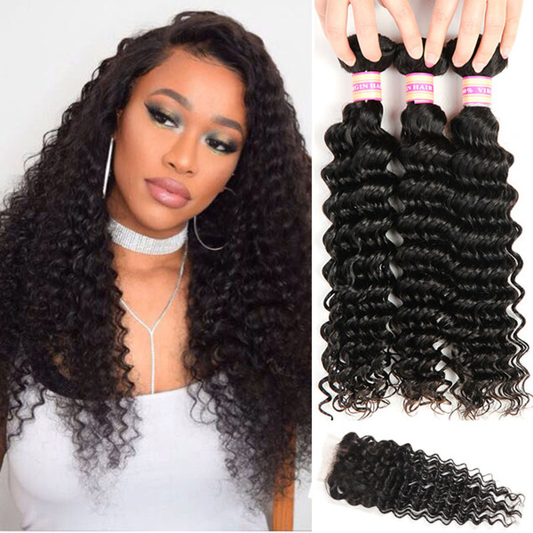 Peruvian Malaysian Indian Brazilian Virgin Hair Deep Wave Bundles With Closure 9A Human Hair Weave With Lace Closure