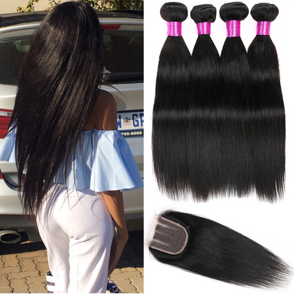 Brazilian Straight Hair 3 4 Bundles With Closure Human Hair Bundle With Lace Closure 9A Unprocessed Brazilian Virgin Hair Extensions