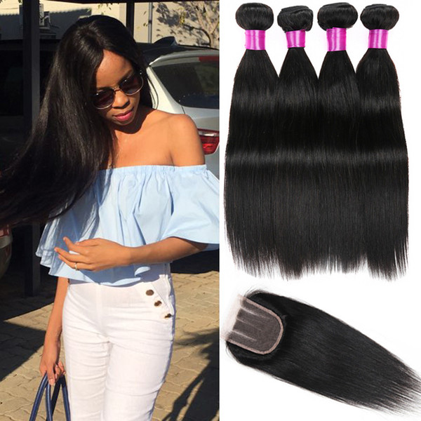 Peruvian Straight Hair 3 4 Bundles With Closure Human Hair Lace Closure 9A Unprocessed Peruvian Virgin Hair Extensions