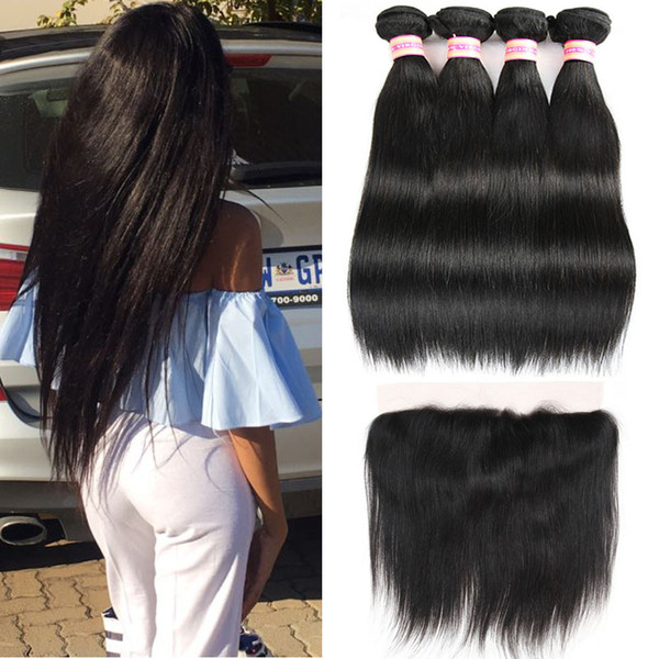 Malaysian Peruvian Indian Brazilian Virgin Straight Hair Bundles With 13x4 Closure Human hair With Ear to Ear Lace Frontal Closure