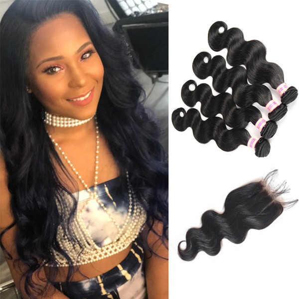 Peruvian Virgin Hair With Closure Peruvian Body Wave Hair Weaves Lace Closure 9A Human Hair Bundles With Closure